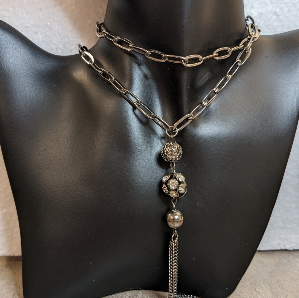 Vintage Link Gunmetal Silver‎ Drop Necklace